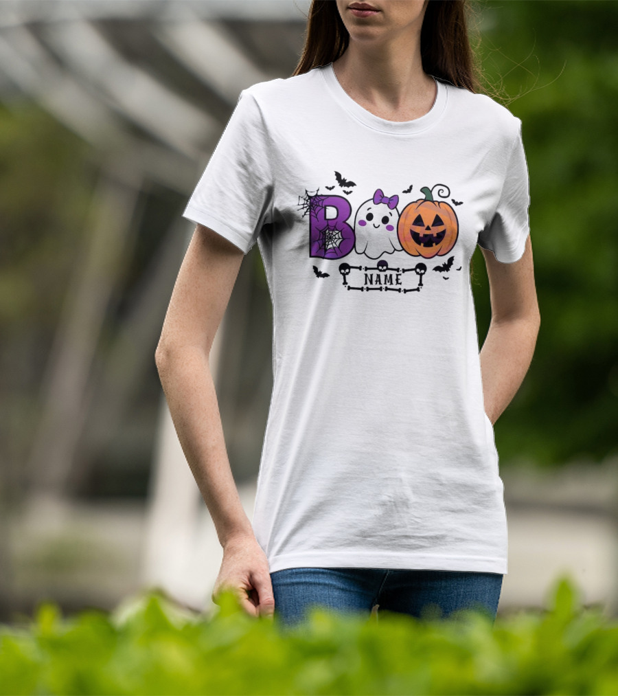 Boo Name Ghost Pumpkin Halloween Spiders Bats T-Shirt