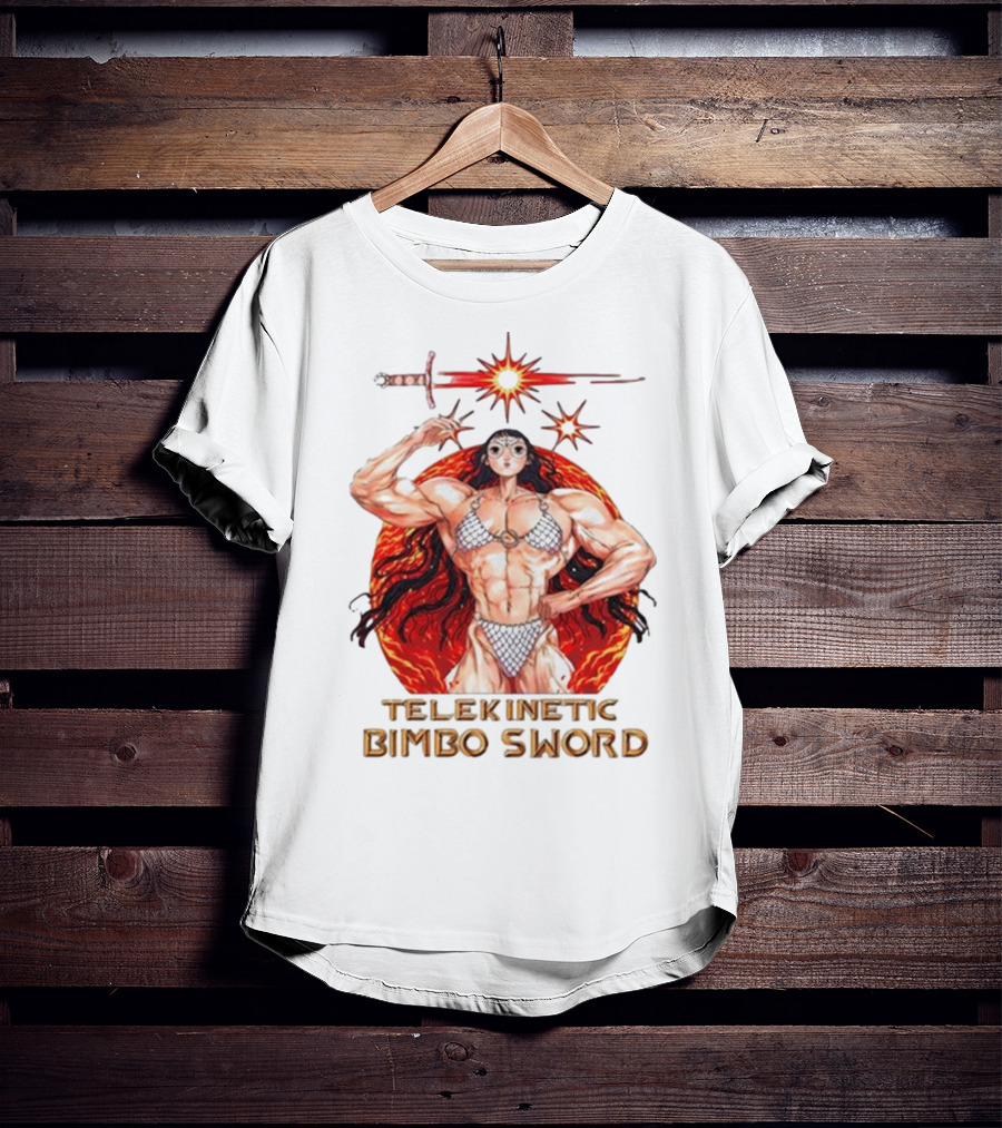 Rebecca Kirby Telekinetic Bimbo Sword Warrior With Fiery Background T-Shirt