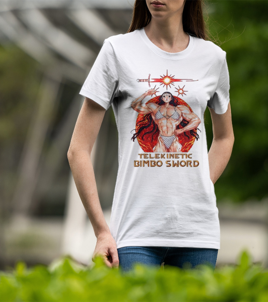 Rebecca Kirby Telekinetic Bimbo Sword Warrior With Fiery Background T-Shirt