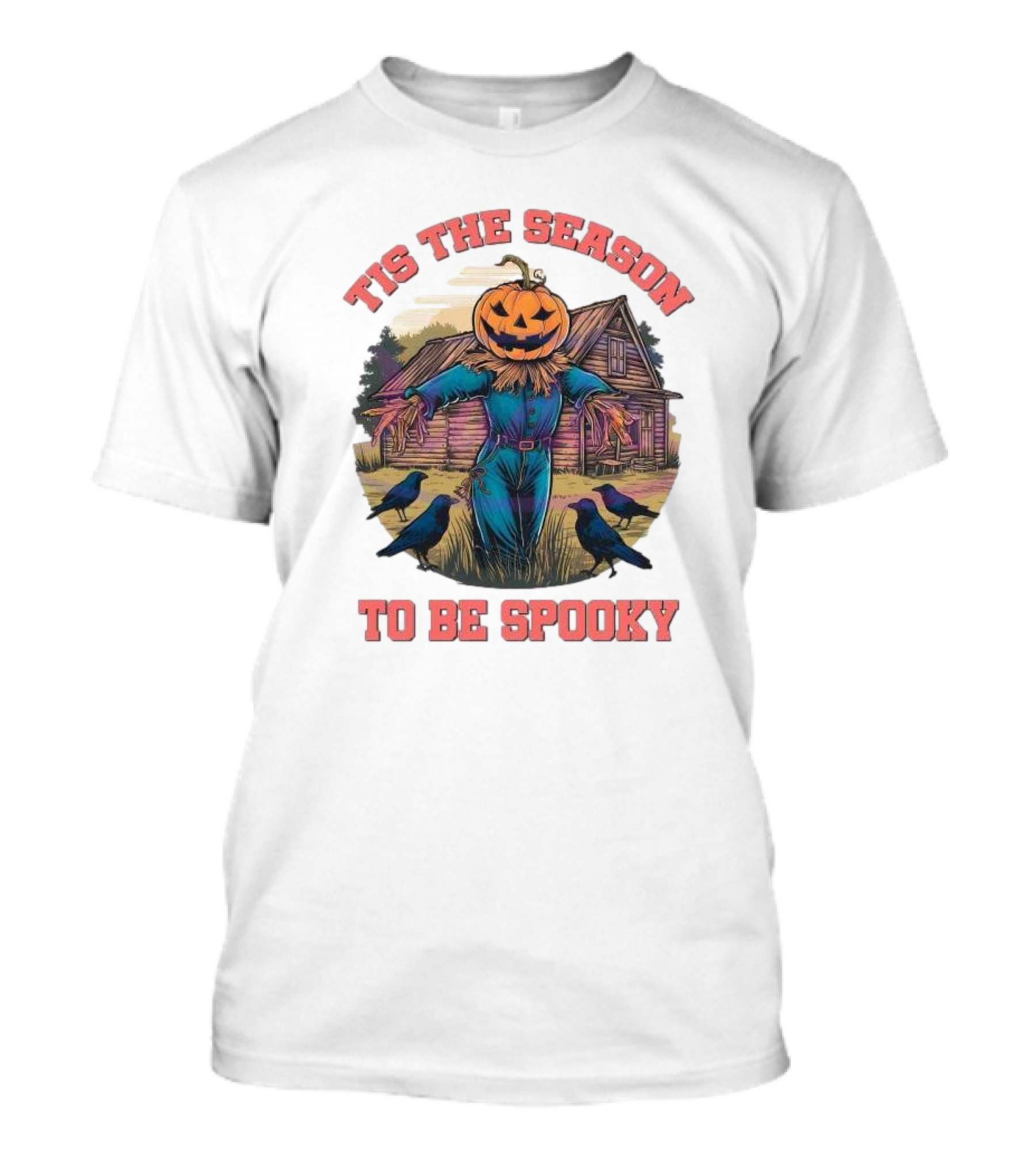 Tis The Season To Be Spooky Pumpkin Head Scarecrow With Crows In Front Of Haunted House T-Shirt