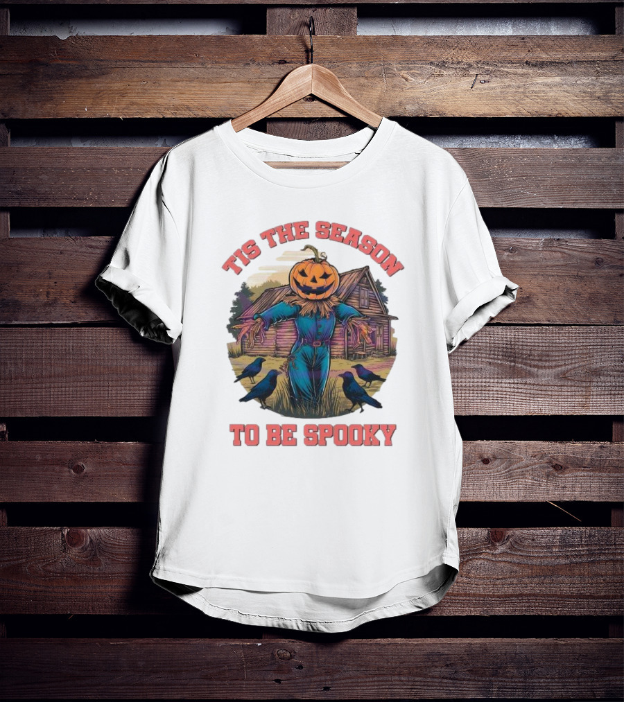Tis The Season To Be Spooky Pumpkin Head Scarecrow With Crows In Front Of Haunted House T-Shirt