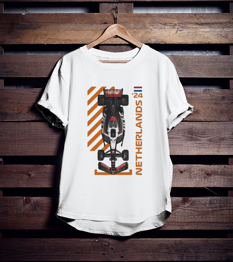 Haas F1 Racing Car Netherlands 24 Orange Stripes Racing Formula 1 T-Shirt