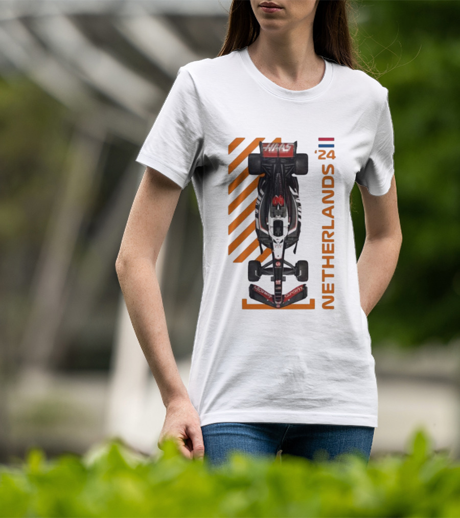 Haas F1 Racing Car Netherlands 24 Orange Stripes Racing Formula 1 T-Shirt