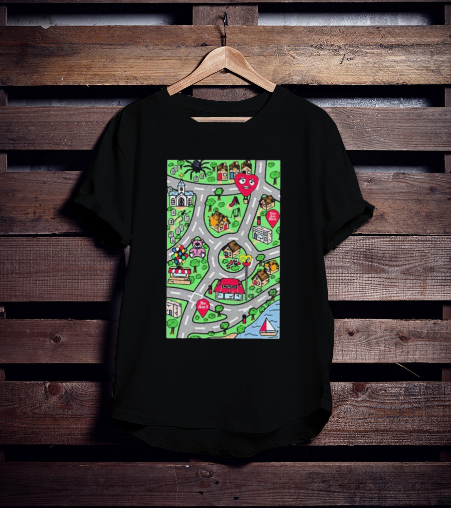 Are We There Yet Cute Cartoon Map With Smiling Landmarks And Colorful Scenery T-Shirt