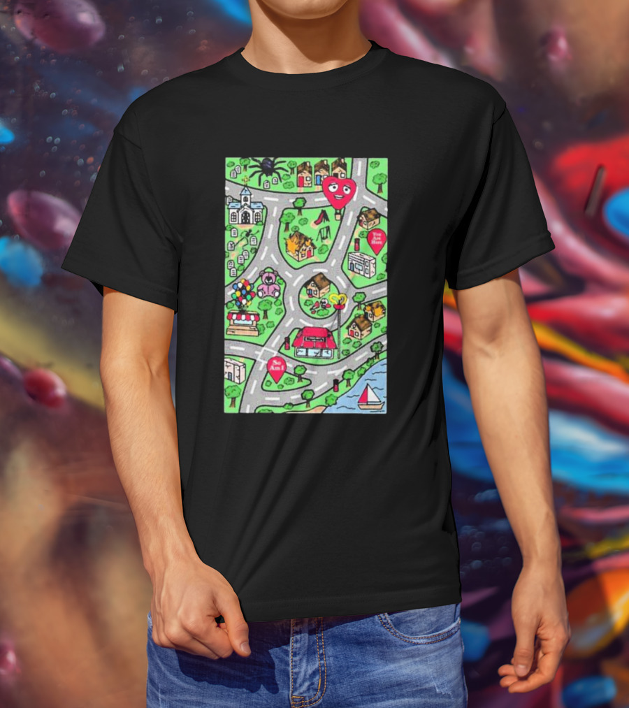 Are We There Yet Cute Cartoon Map With Smiling Landmarks And Colorful Scenery T-Shirt