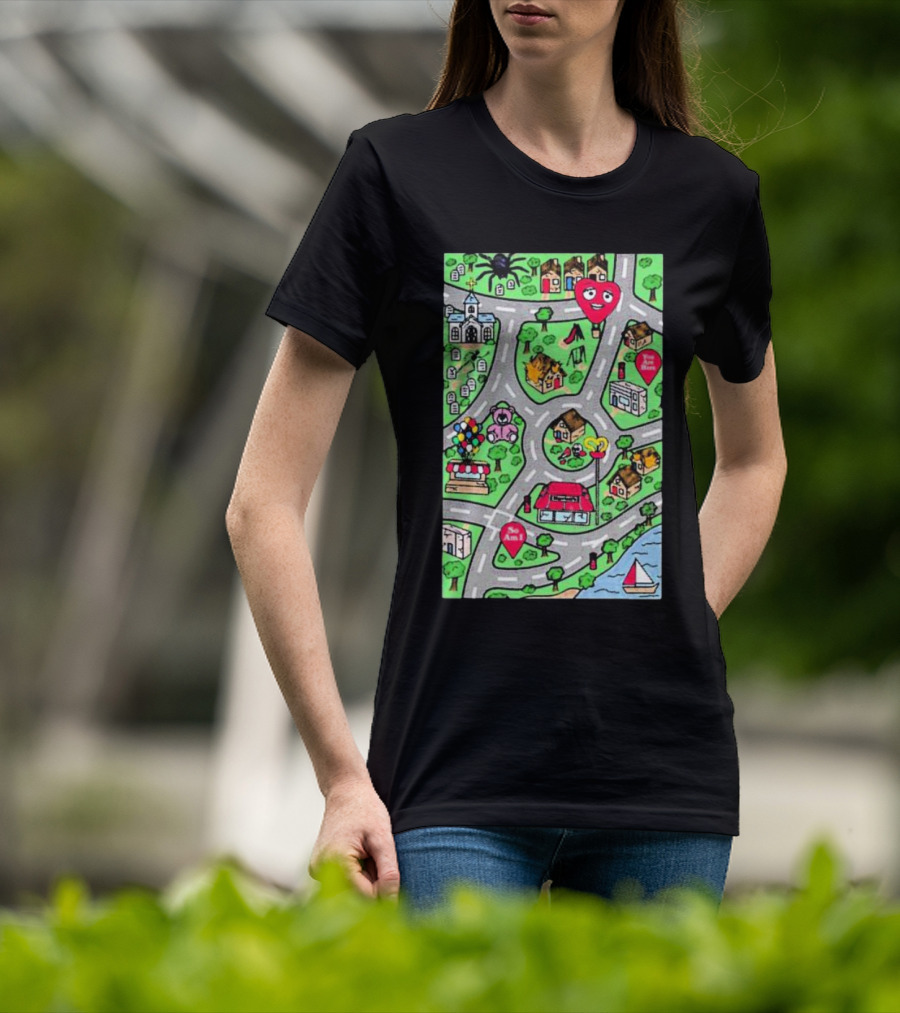 Are We There Yet Cute Cartoon Map With Smiling Landmarks And Colorful Scenery T-Shirt