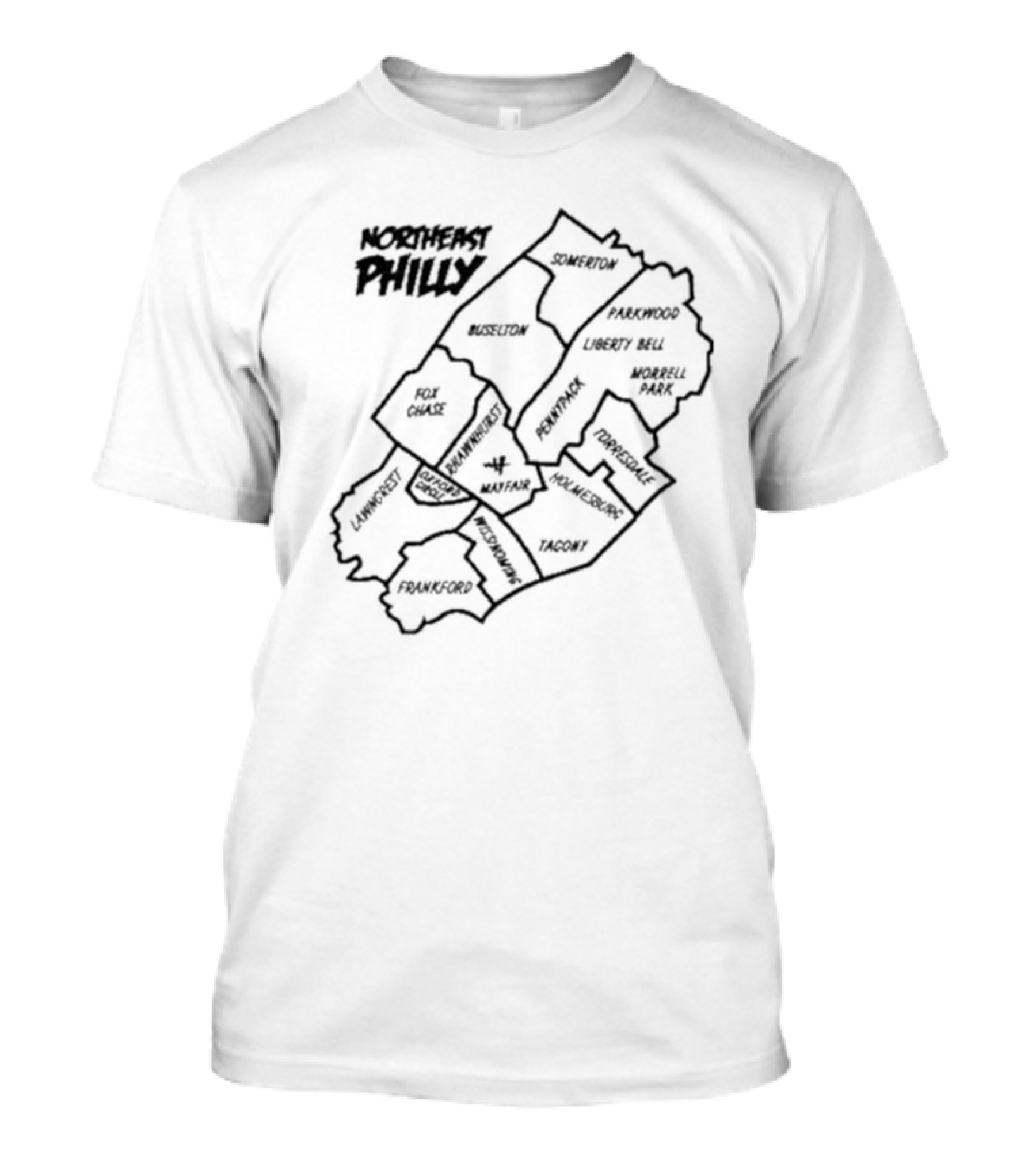 Northeast Philly Map Featuring Somerton Parkwood Liberty Bell Fox Chase Oxford Circle Tacony Frankford Map T-Shirt