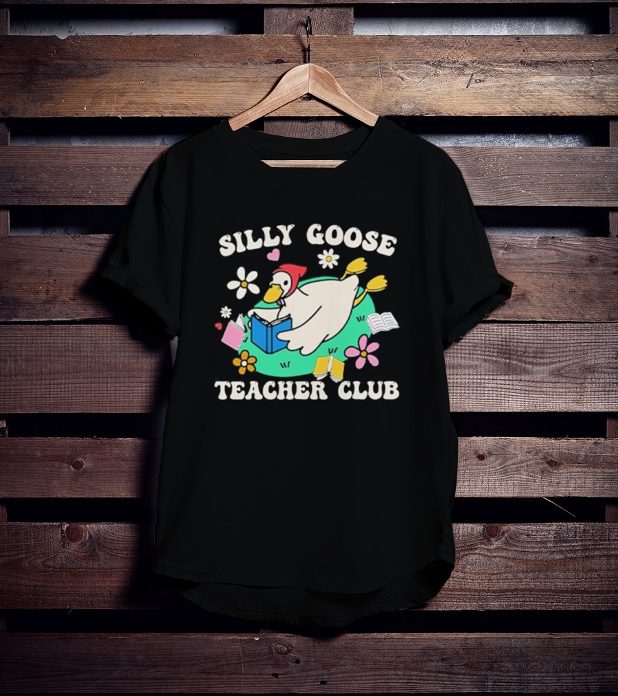 Silly Goose Teacher Club Reading Duck With Flowers And Open Books T-Shirt