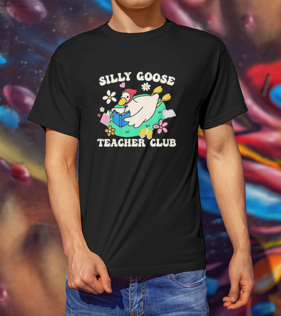 Silly Goose Teacher Club Reading Duck With Flowers And Open Books T-Shirt