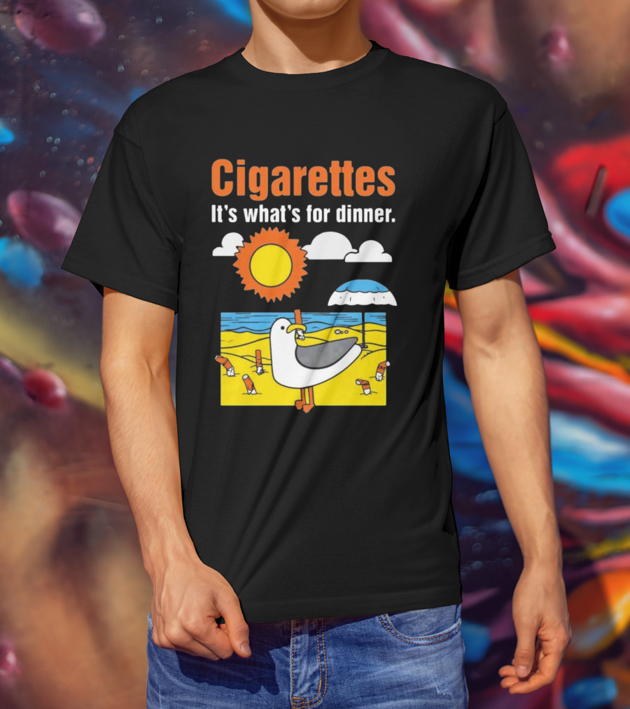 Cigarettes It's What's For Dinner Beach Seagull Cartoon With Sun And Umbrella T-Shirt