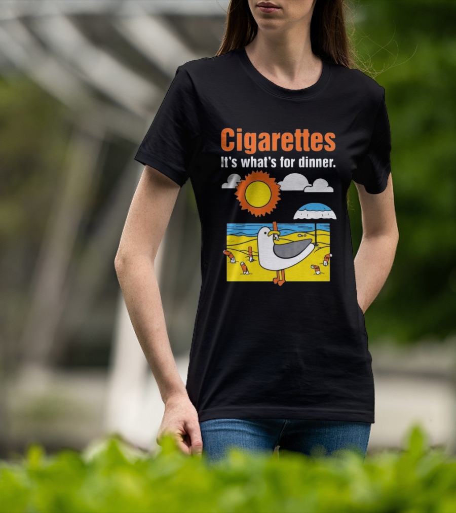 Cigarettes It's What's For Dinner Beach Seagull Cartoon With Sun And Umbrella T-Shirt