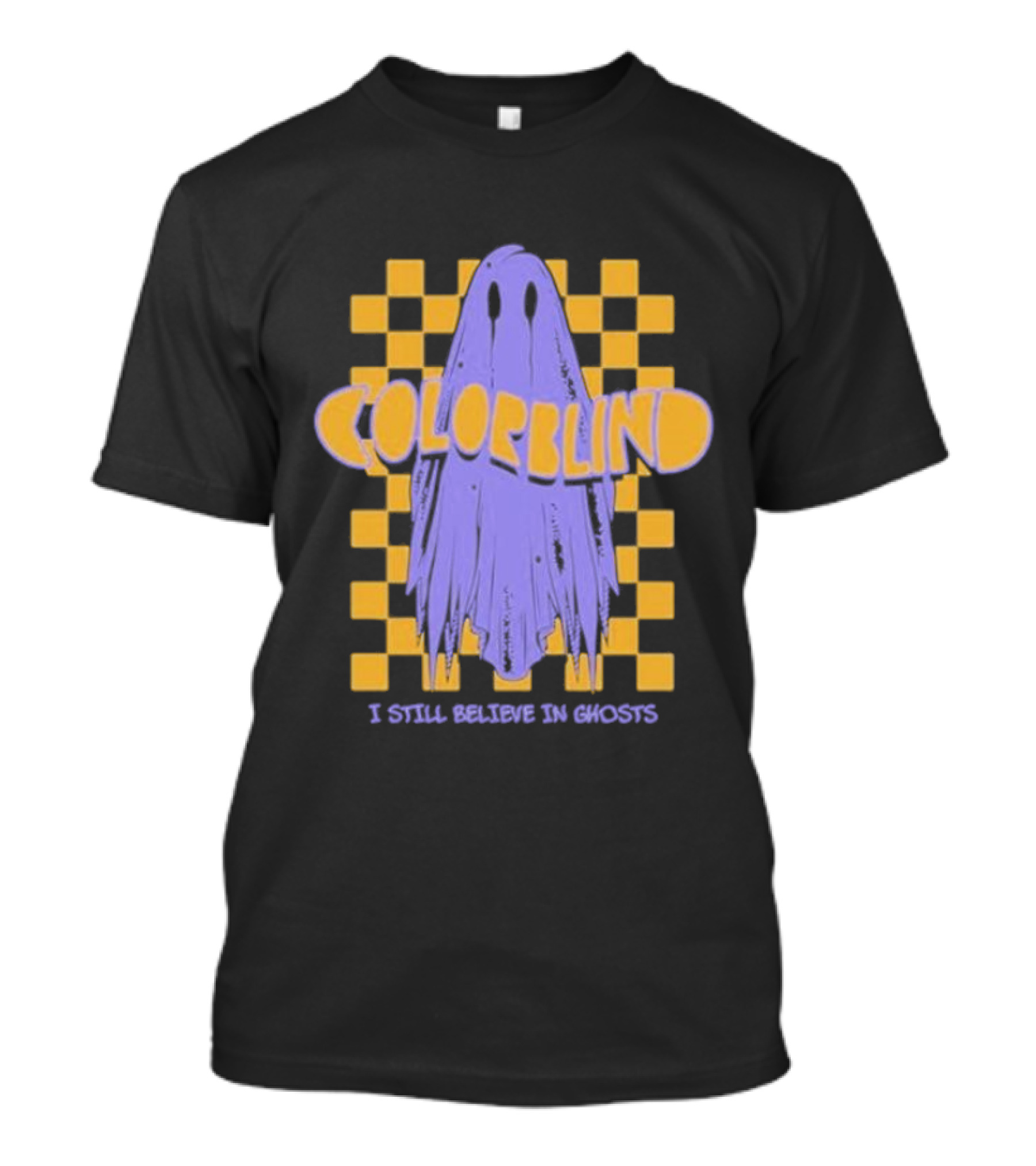 Colorblind I Still Believe In Ghosts Purple Ghost On Yellow Checkered Background T-Shirt