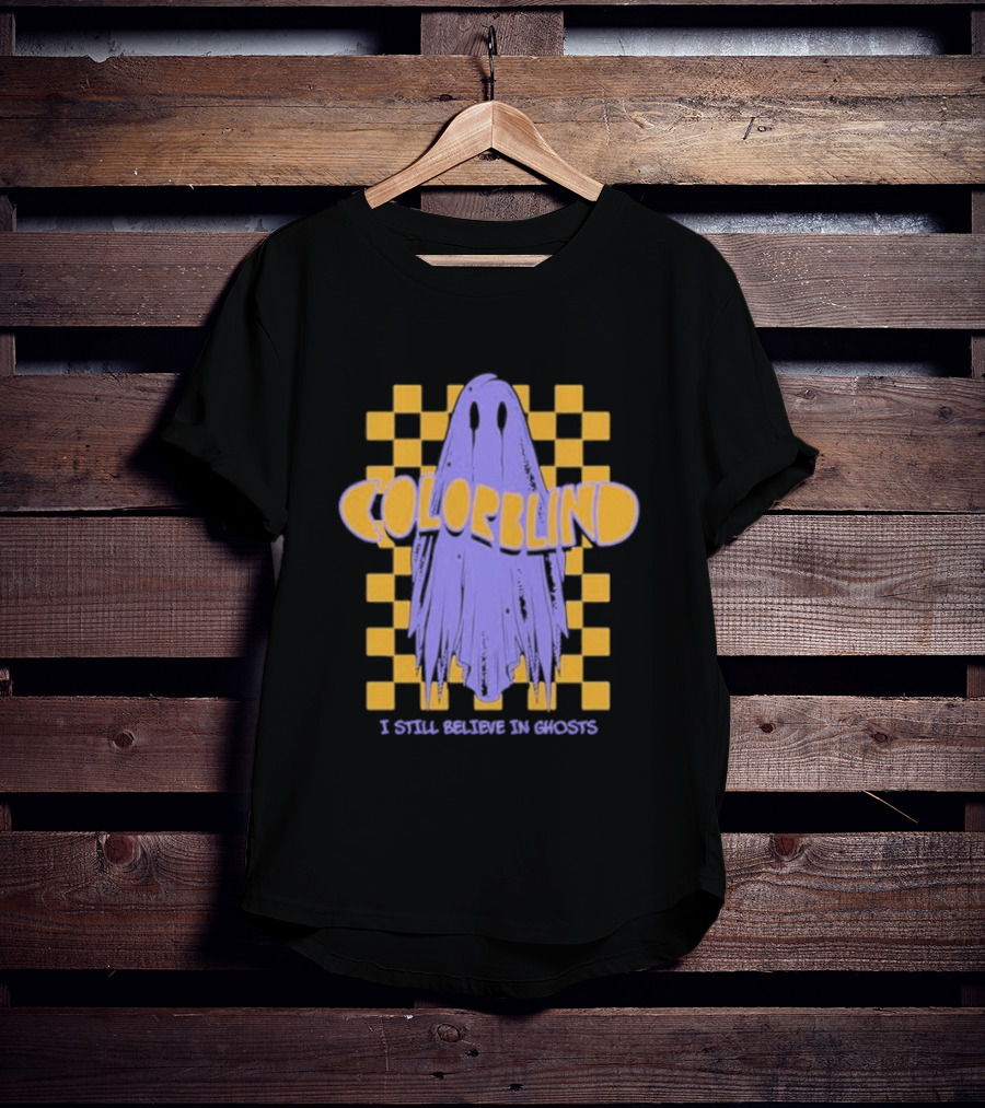 Colorblind I Still Believe In Ghosts Purple Ghost On Yellow Checkered Background T-Shirt