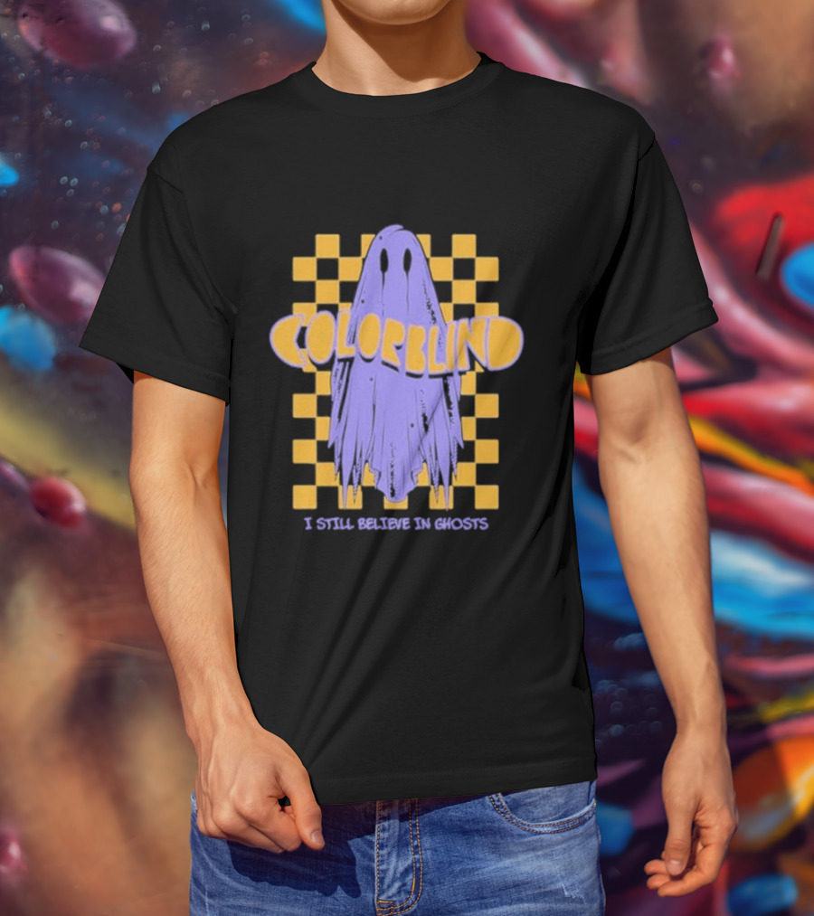Colorblind I Still Believe In Ghosts Purple Ghost On Yellow Checkered Background T-Shirt