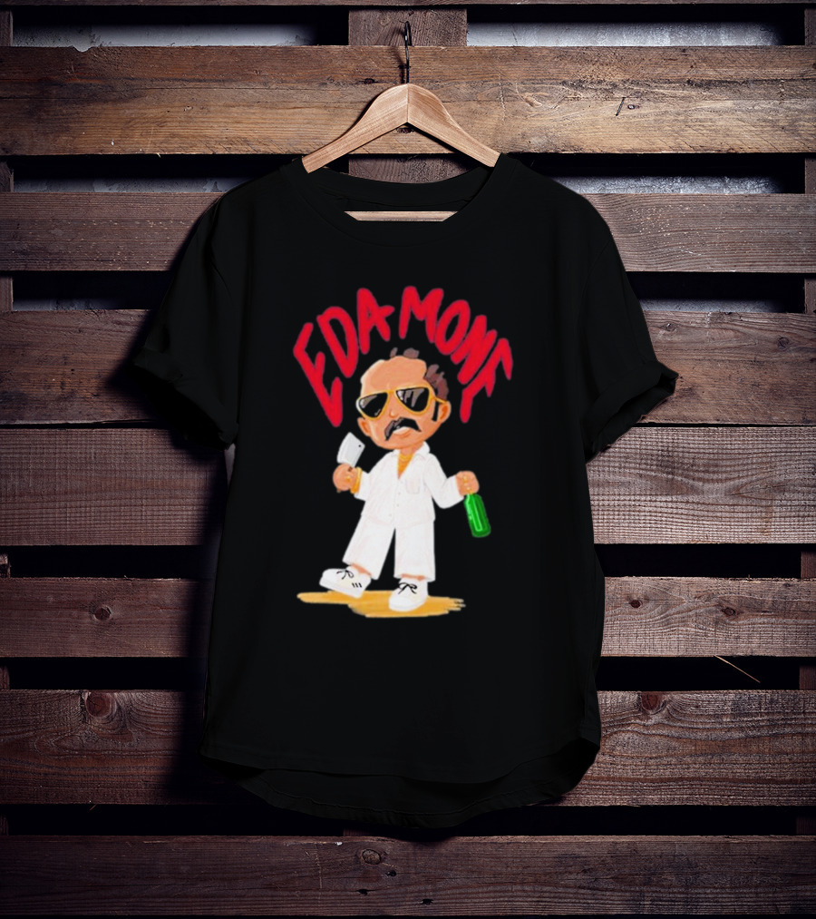 Eda Mone Rangan Chettan Cartoon Character In White Suit With Sunglasses Holding Cleaver And Bottle T-Shirt