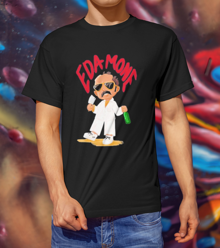 Eda Mone Rangan Chettan Cartoon Character In White Suit With Sunglasses Holding Cleaver And Bottle T-Shirt