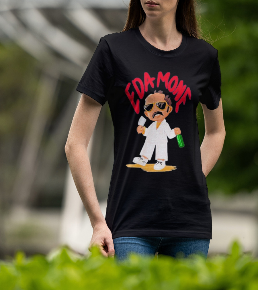 Eda Mone Rangan Chettan Cartoon Character In White Suit With Sunglasses Holding Cleaver And Bottle T-Shirt