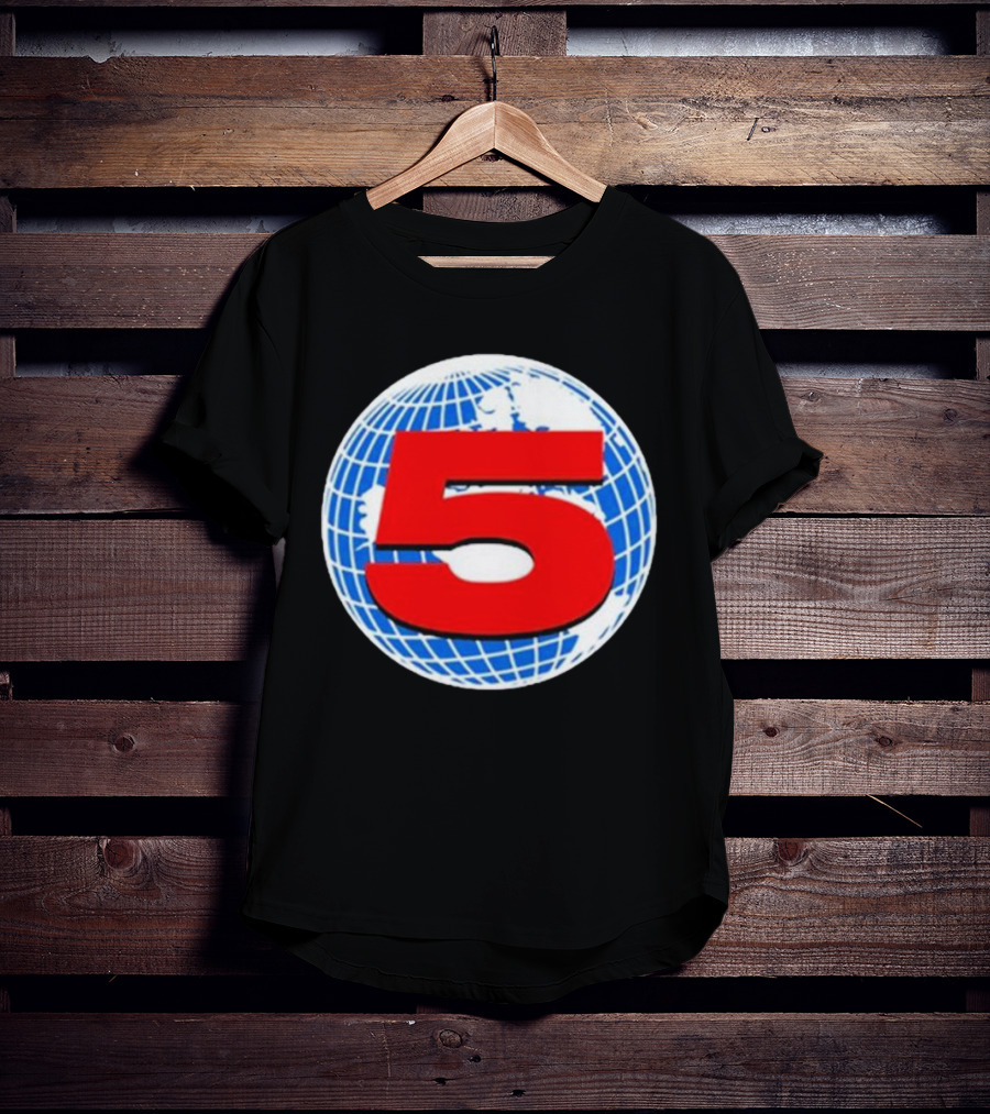 Red Number 5 On Blue And White Globe Background T-Shirt