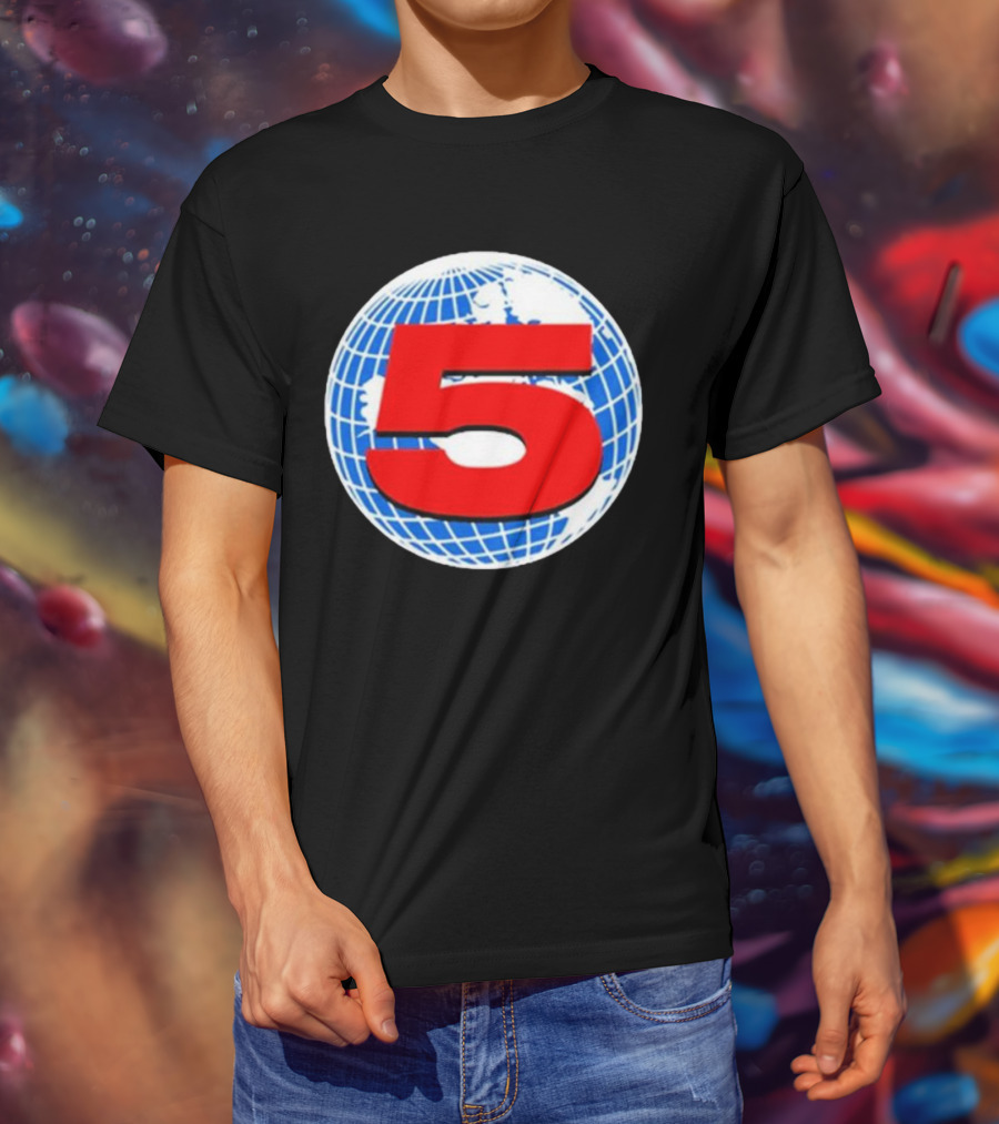 Red Number 5 On Blue And White Globe Background T-Shirt