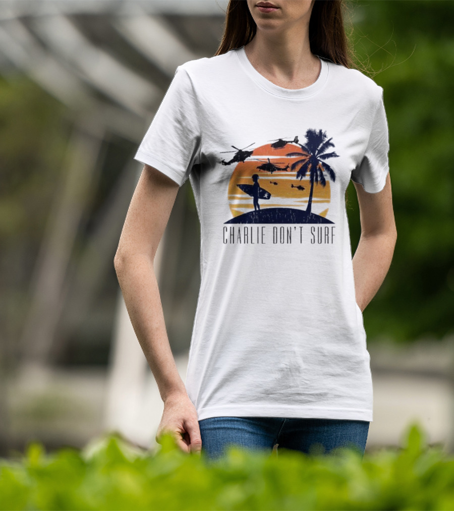 Charlie Don’t Surf Helicopters Palm Sunset Surfer T-Shirt