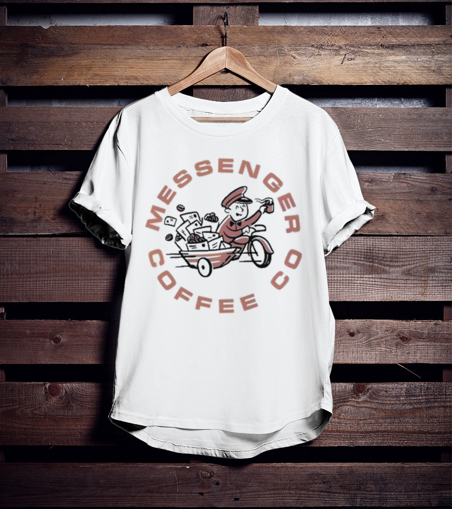Messenger Coffee Co Vintage White Mail Carrier With Coffee Cup T-Shirt