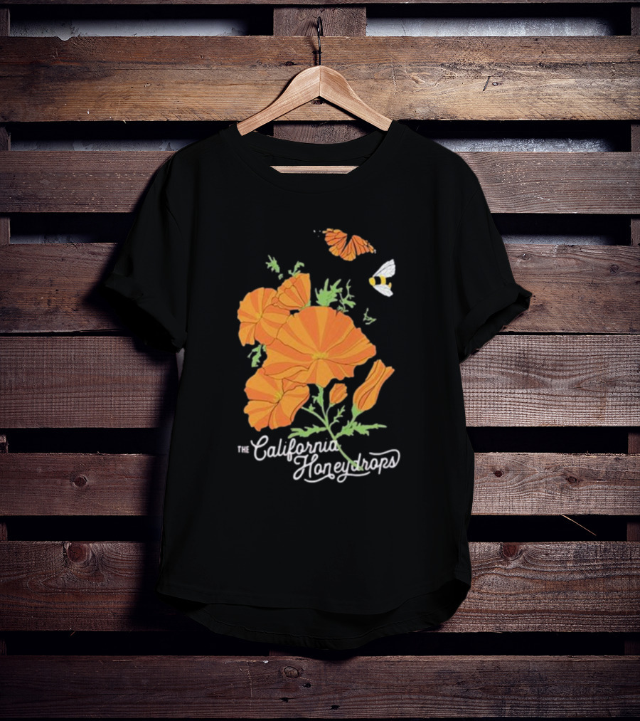 The California Honeydrops Orange Poppies Meadow With Butterfly And Bee T-Shirt