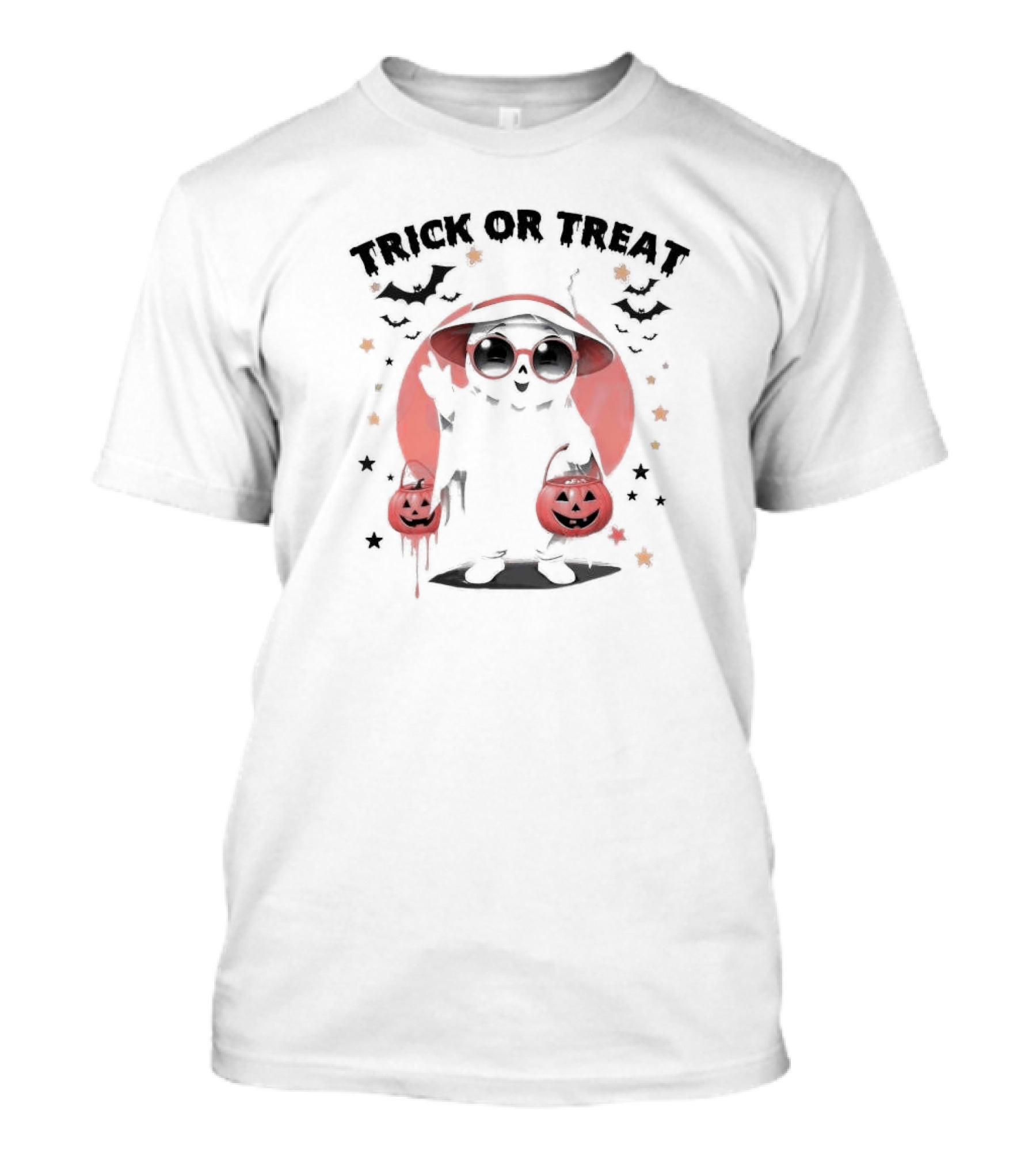 Trick Or Treat Cute Ghost With Pumpkin Bats And Glasses T-Shirt