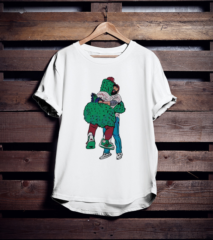 Phanatic Phillies Mascot Embrace With Baseball Player T-Shirt