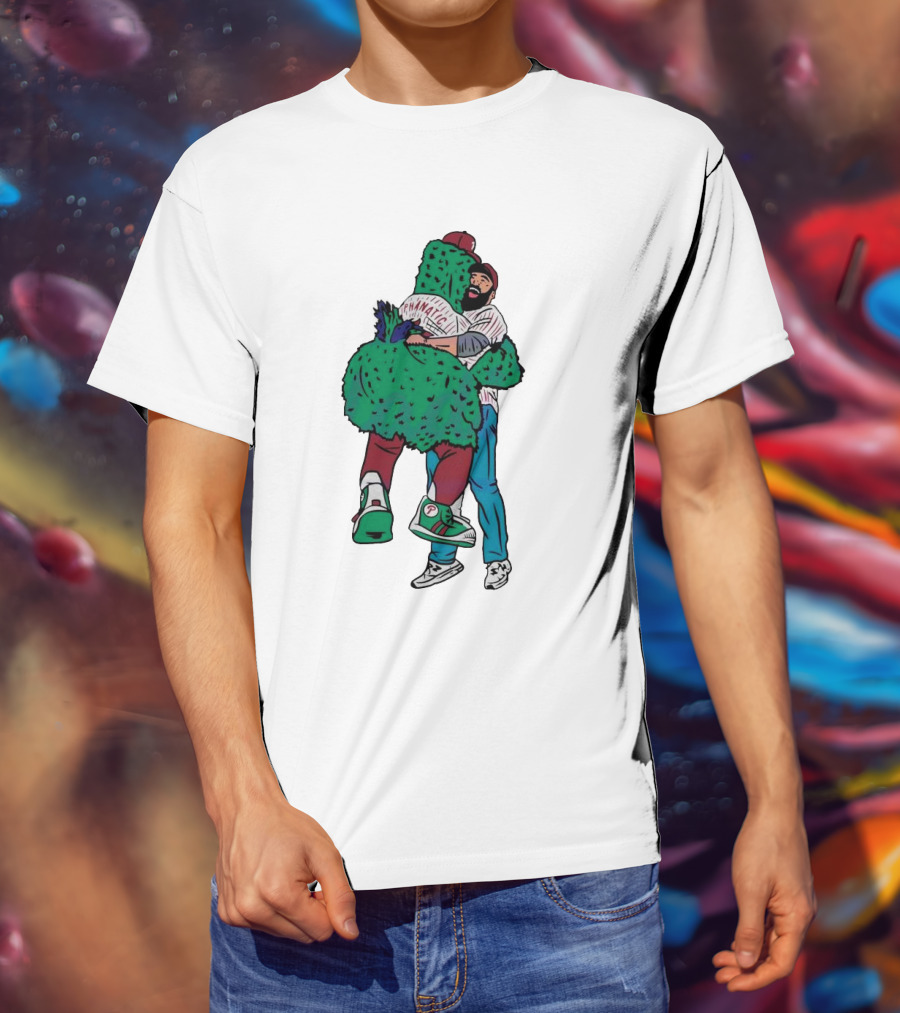 Phanatic Phillies Mascot Embrace With Baseball Player T-Shirt