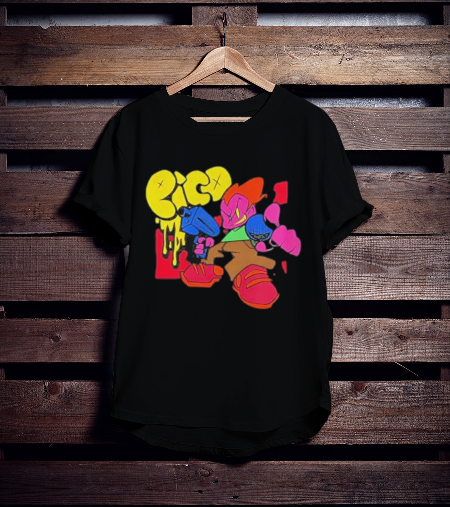 Friday Night Funkin Pico Colorful Cartoon Character Holding Gun T-Shirt