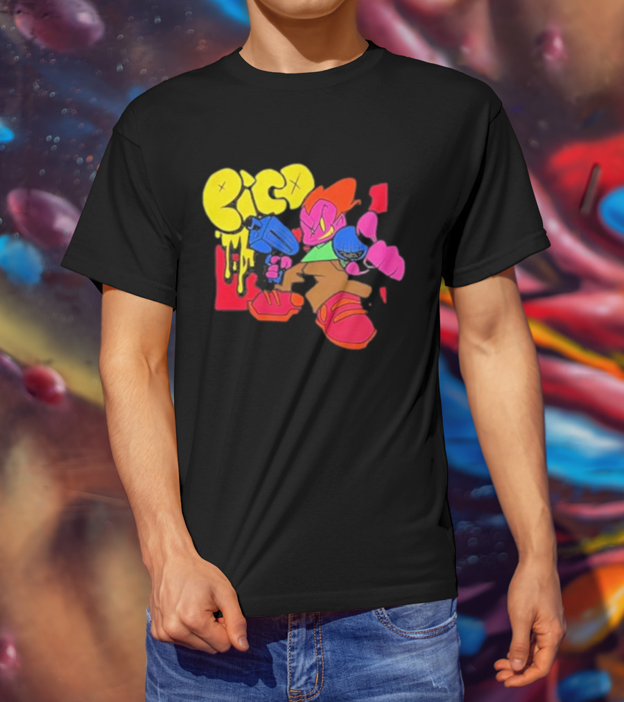 Friday Night Funkin Pico Colorful Cartoon Character Holding Gun T-Shirt
