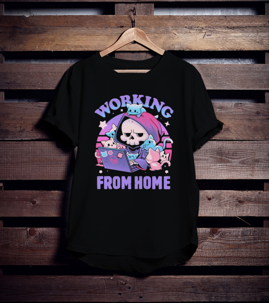 Working From Home Reaper With Cats Using Computer T-Shirt