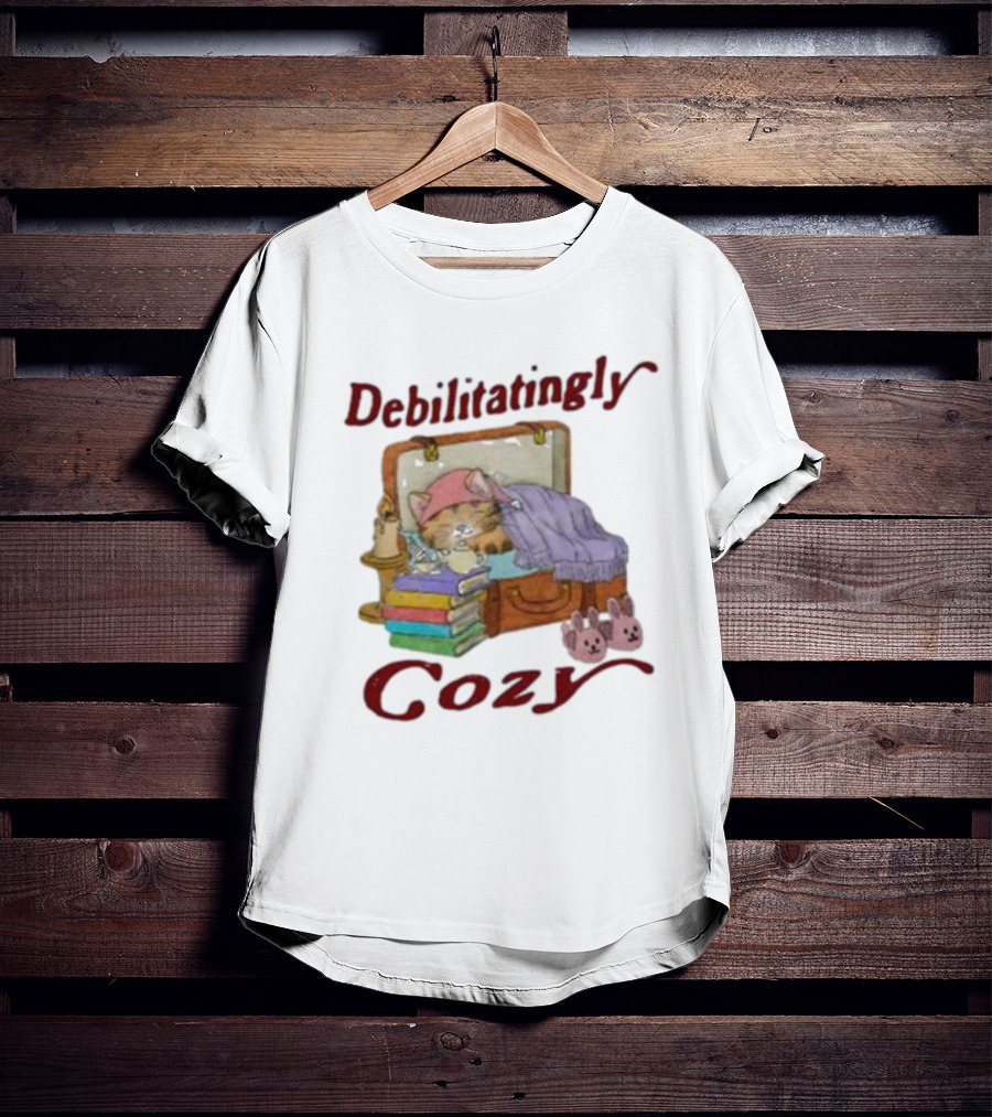 Debilitatingly Cozy Cat In Suitcase With Books And Bunny Slippers T-Shirt