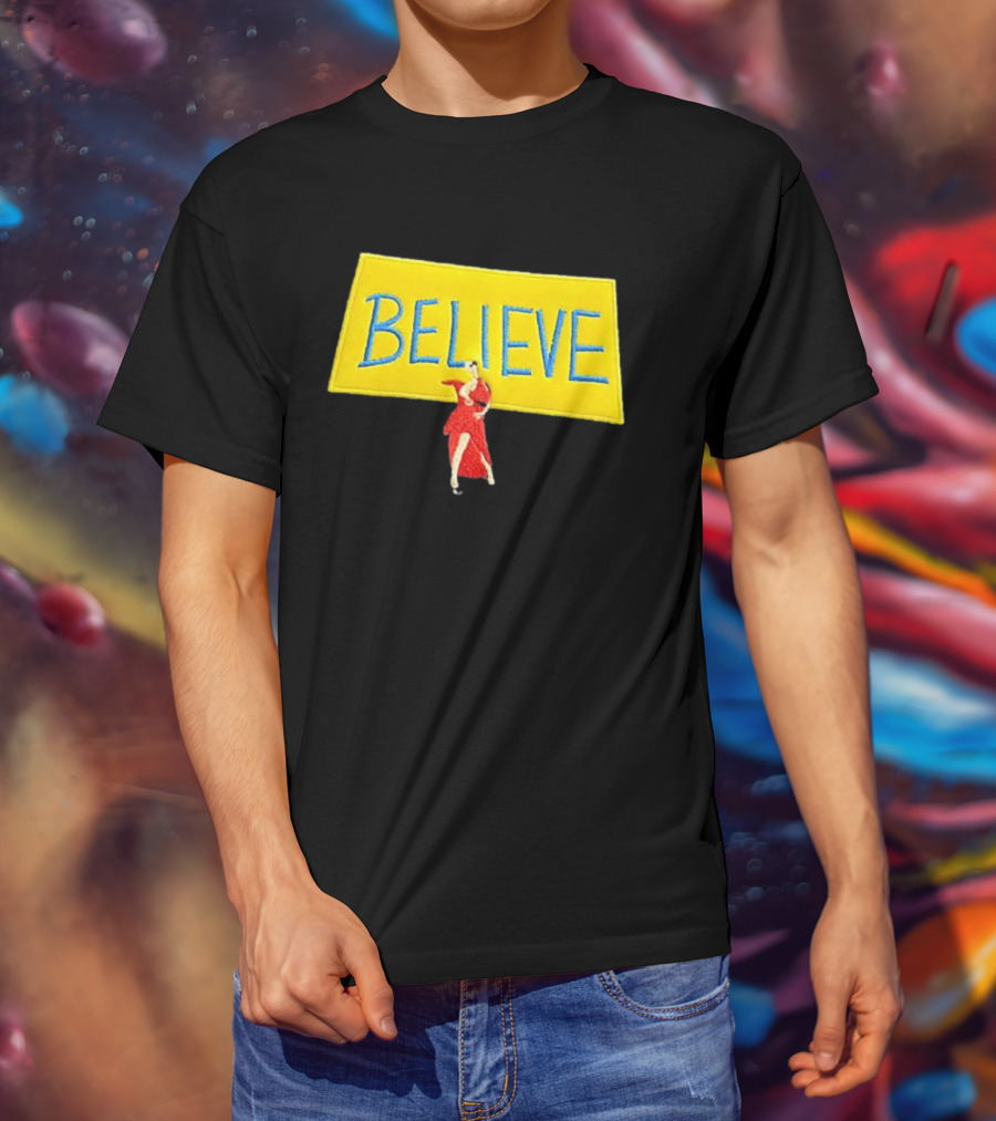 Hannah Waddingham Believe Yellow Sign With Red Dress T-Shirt