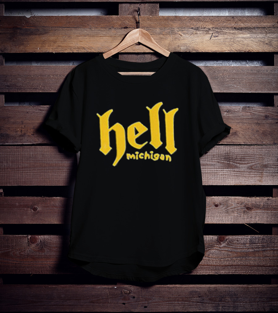 Hell Michigan Yellow Gothic Text T-Shirt