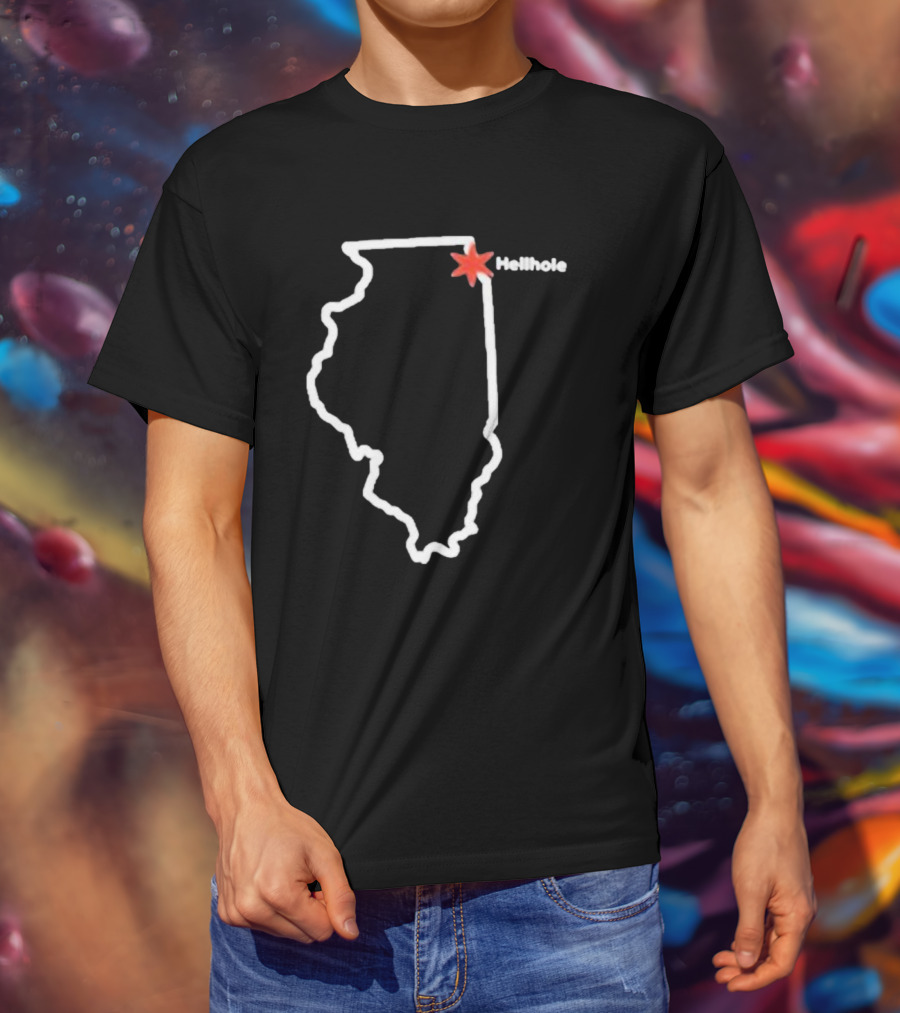 Hellhole Illinois Map Outline With Chicago Star T-Shirt
