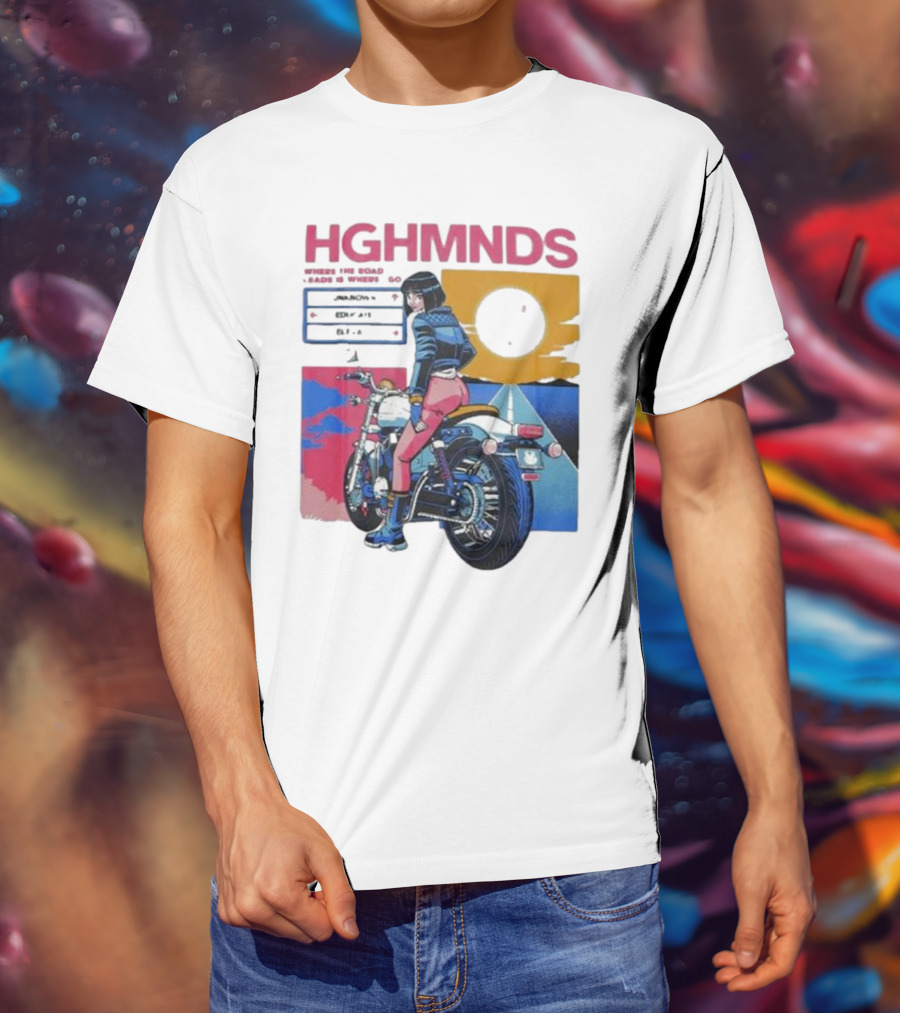 Hghmnds Where The Road Leads Is Where I Go Unknown Educate Elevate Biker Anime Style Moon Sun Desert Journey T-Shirt