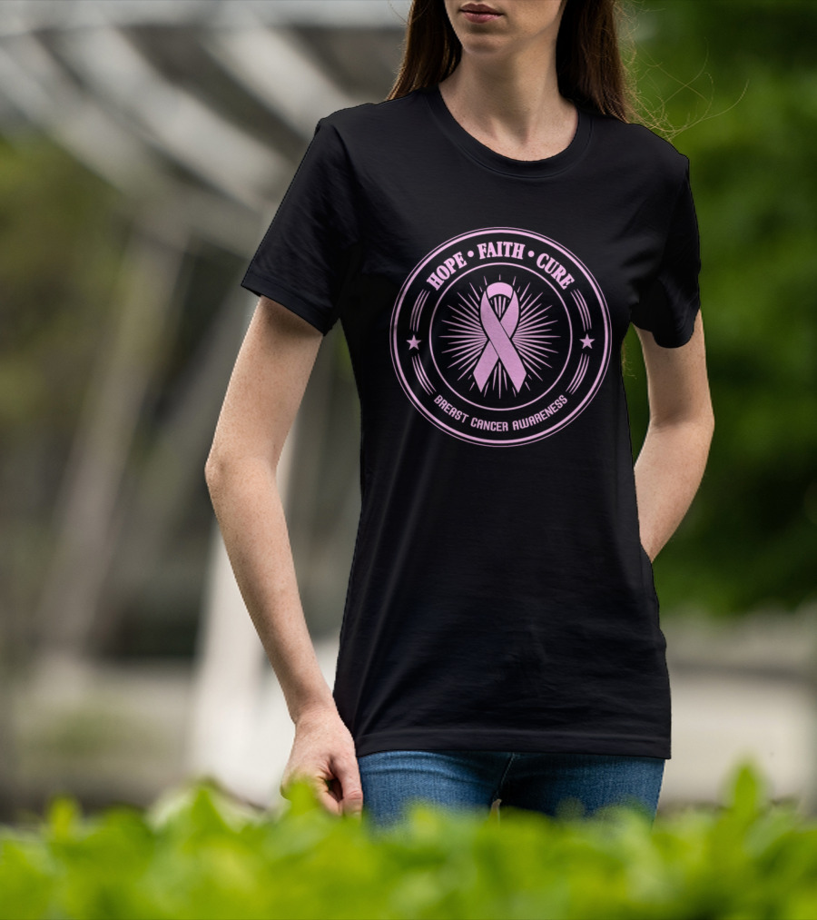 Hope Faith Cure Breast Cancer Awareness Pink Ribbon Emblem T-Shirt