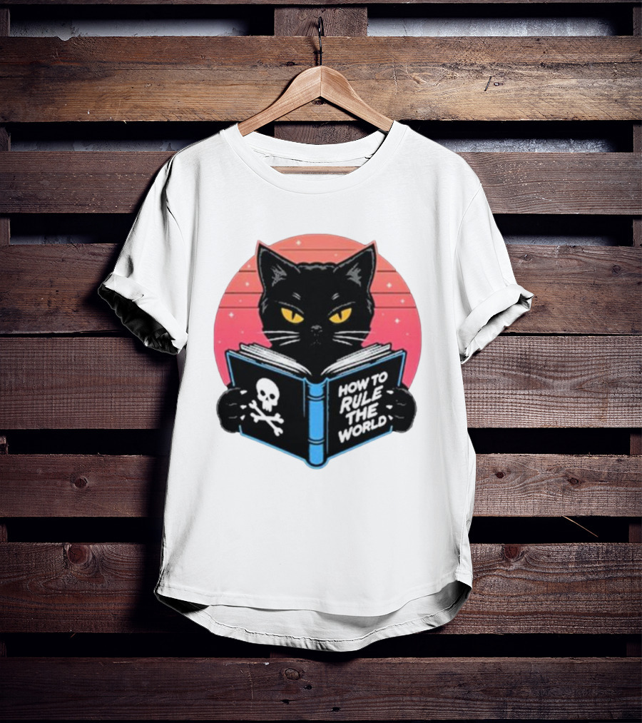 How To Rule The World Black Cat Reading Book With Skull T-Shirt