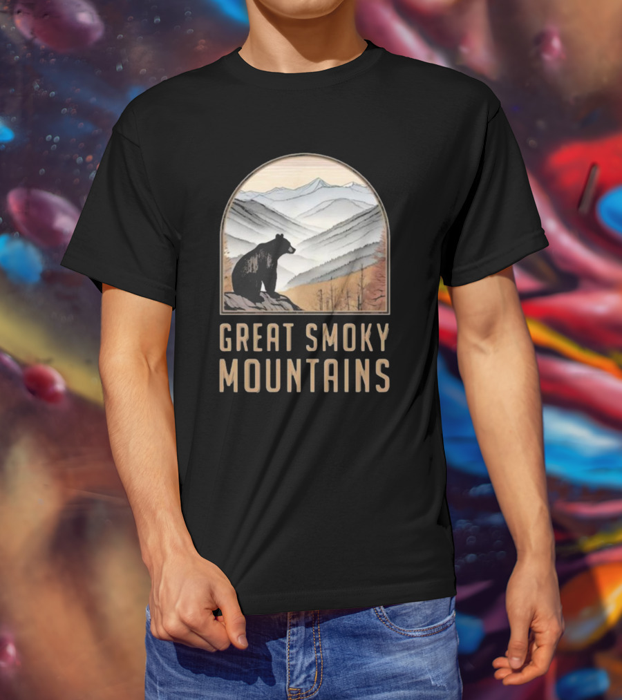 Great Smoky Mountains National Park Bear Silhouette Over Scenic Mountain Landscape T-Shirt