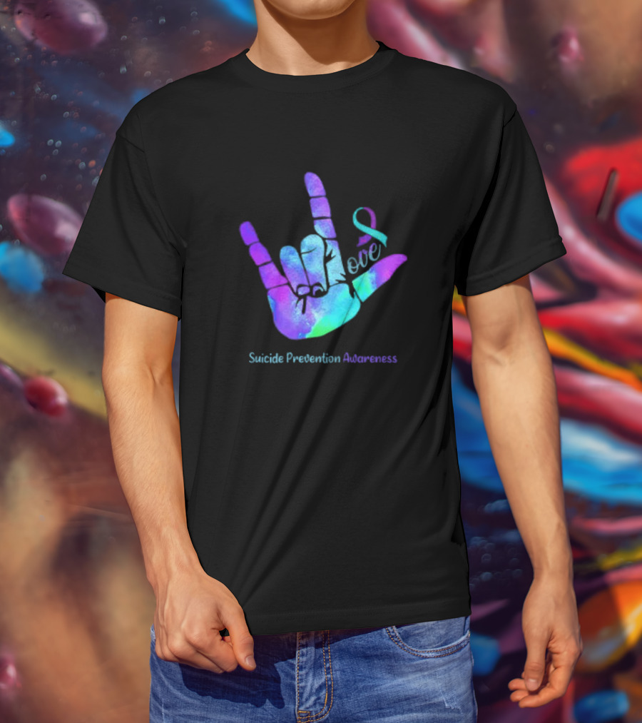 Love Hand Sign With Ribbon For Suicide Prevention Awareness T-Shirt
