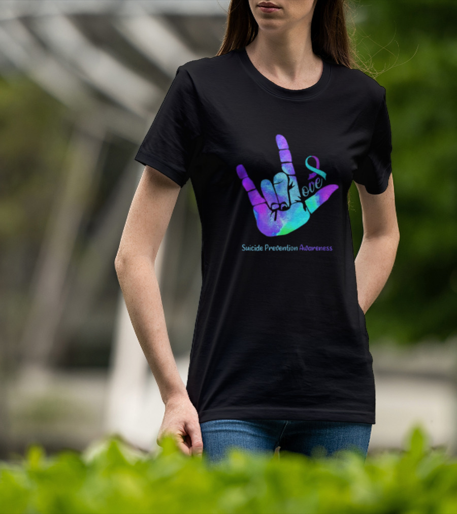 Love Hand Sign With Ribbon For Suicide Prevention Awareness T-Shirt