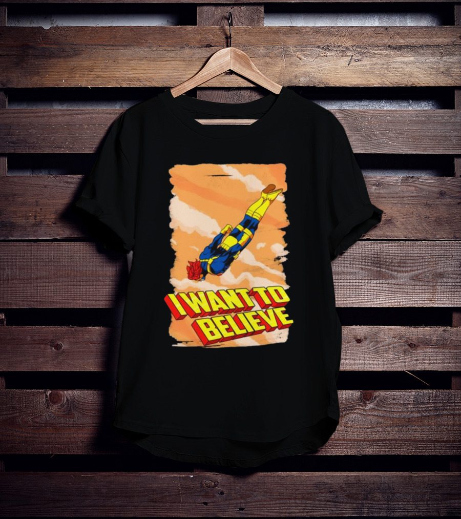 I Want To Believe Superheroes Retro Flying Hero In Yellow And Blue Suit T-Shirt