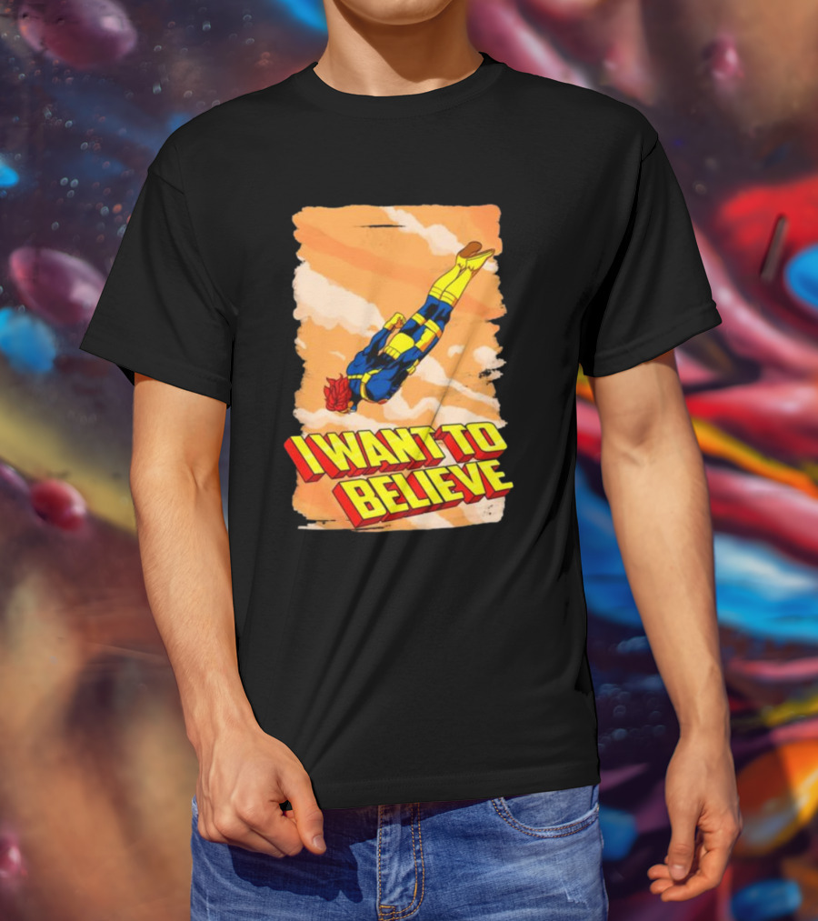 I Want To Believe Superheroes Retro Flying Hero In Yellow And Blue Suit T-Shirt