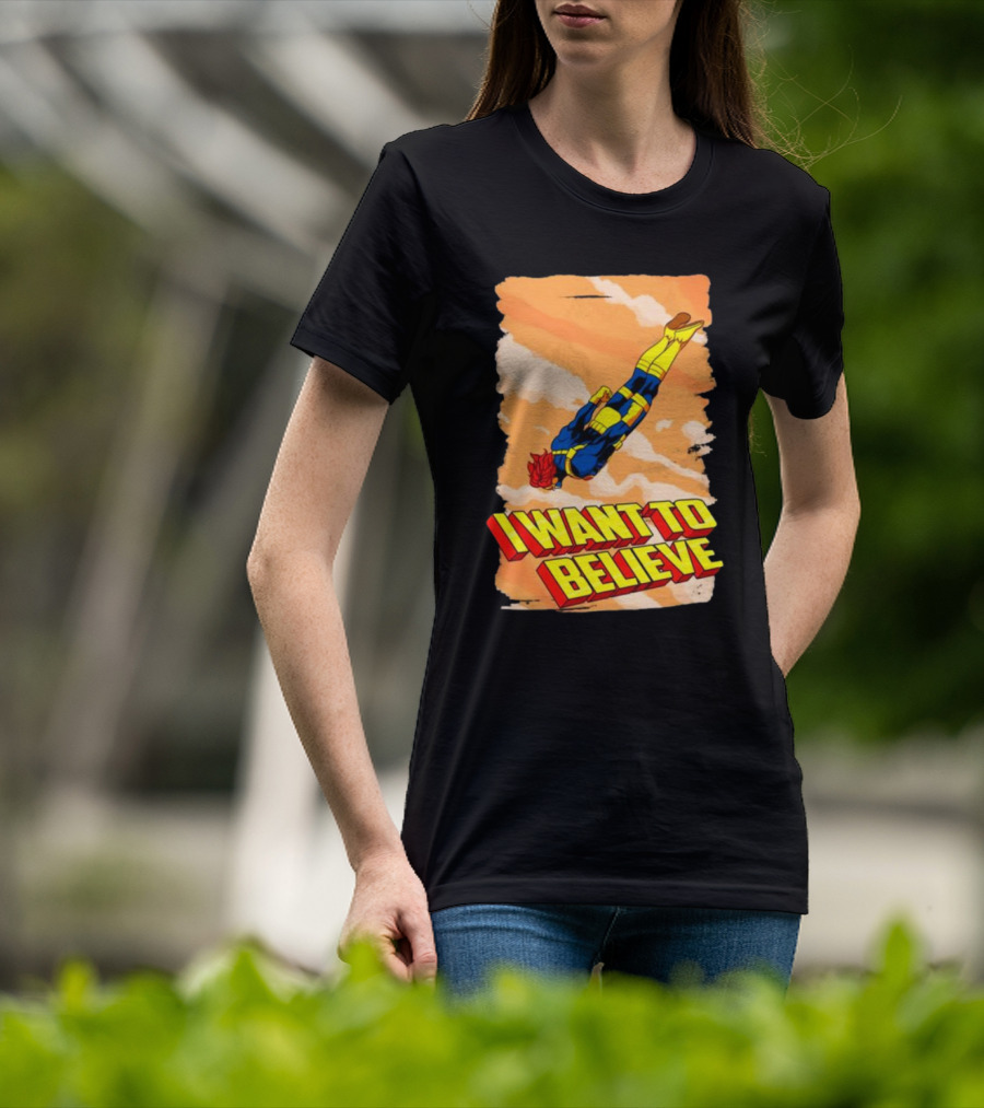 I Want To Believe Superheroes Retro Flying Hero In Yellow And Blue Suit T-Shirt