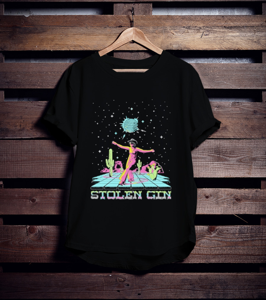 Stolen Gin Disco Cowgirl Dance Under Starry Night Desert Scene T-Shirt
