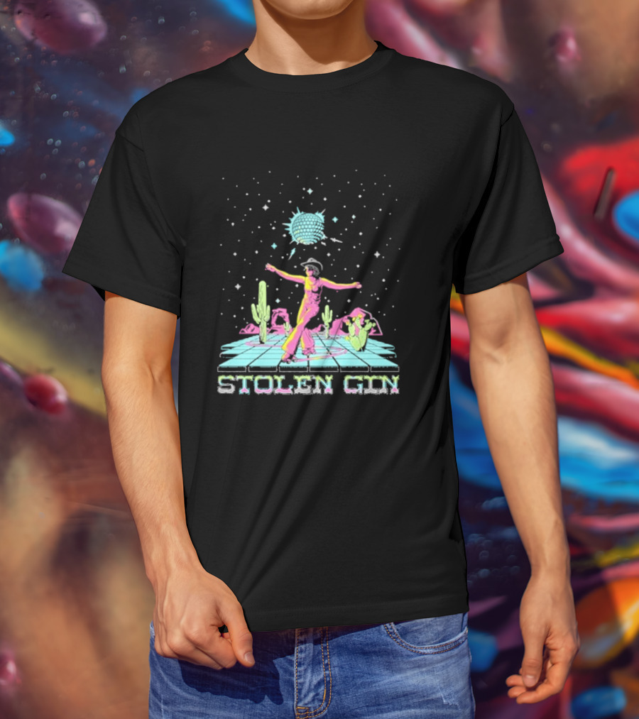 Stolen Gin Disco Cowgirl Dance Under Starry Night Desert Scene T-Shirt