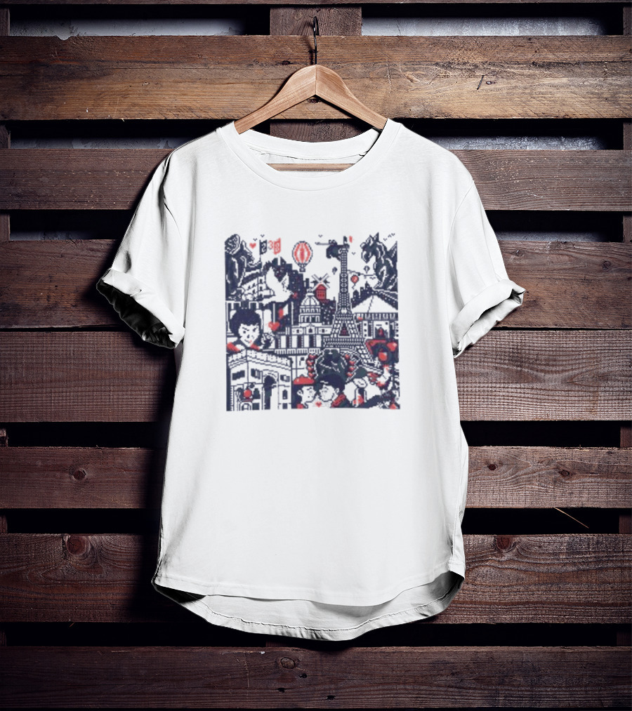 BasePaint Cityscapes Paris Eiffel Tower And Arc De Triomphe Neon Hearts T-Shirt