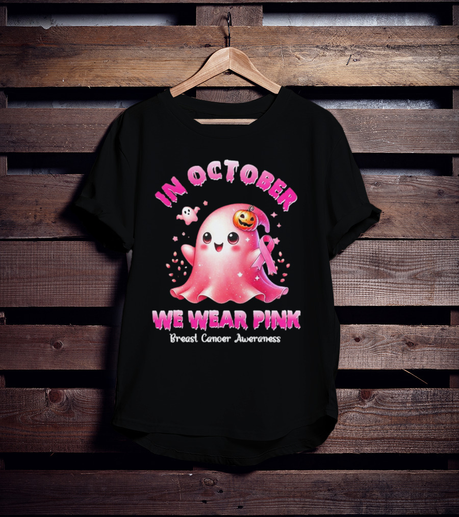 In October We Wear Pink Ghost Pumpkin Ribbon Breast Cancer Awareness T-Shirt
