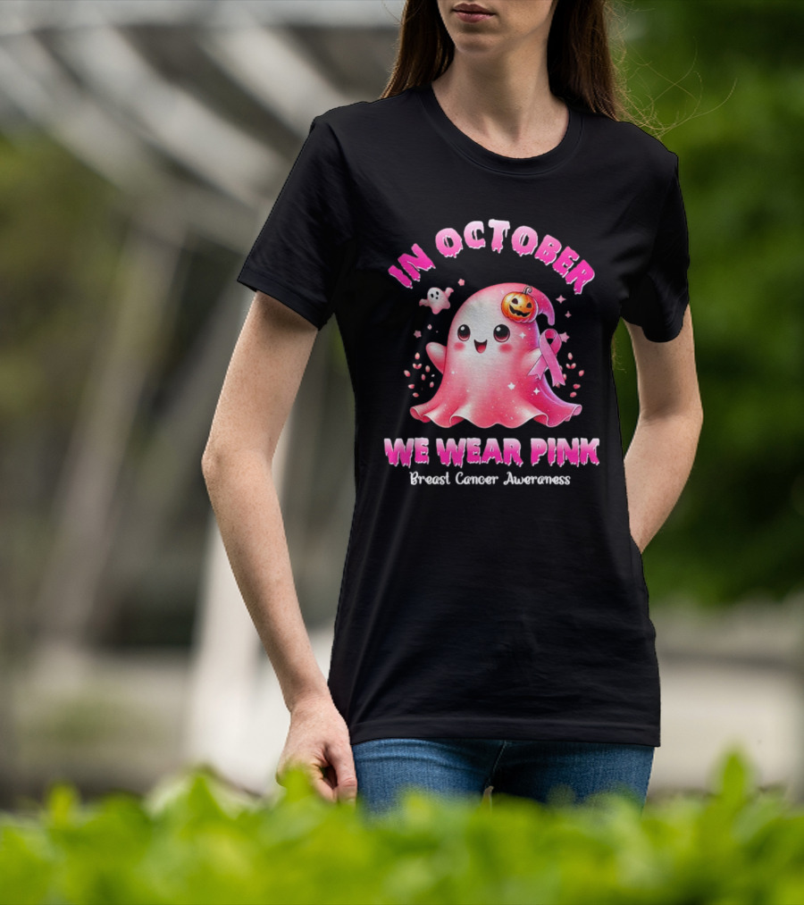 In October We Wear Pink Ghost Pumpkin Ribbon Breast Cancer Awareness T-Shirt